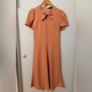 Bow-Tie Neck Short Sleeve Midi Dress in Terracotta